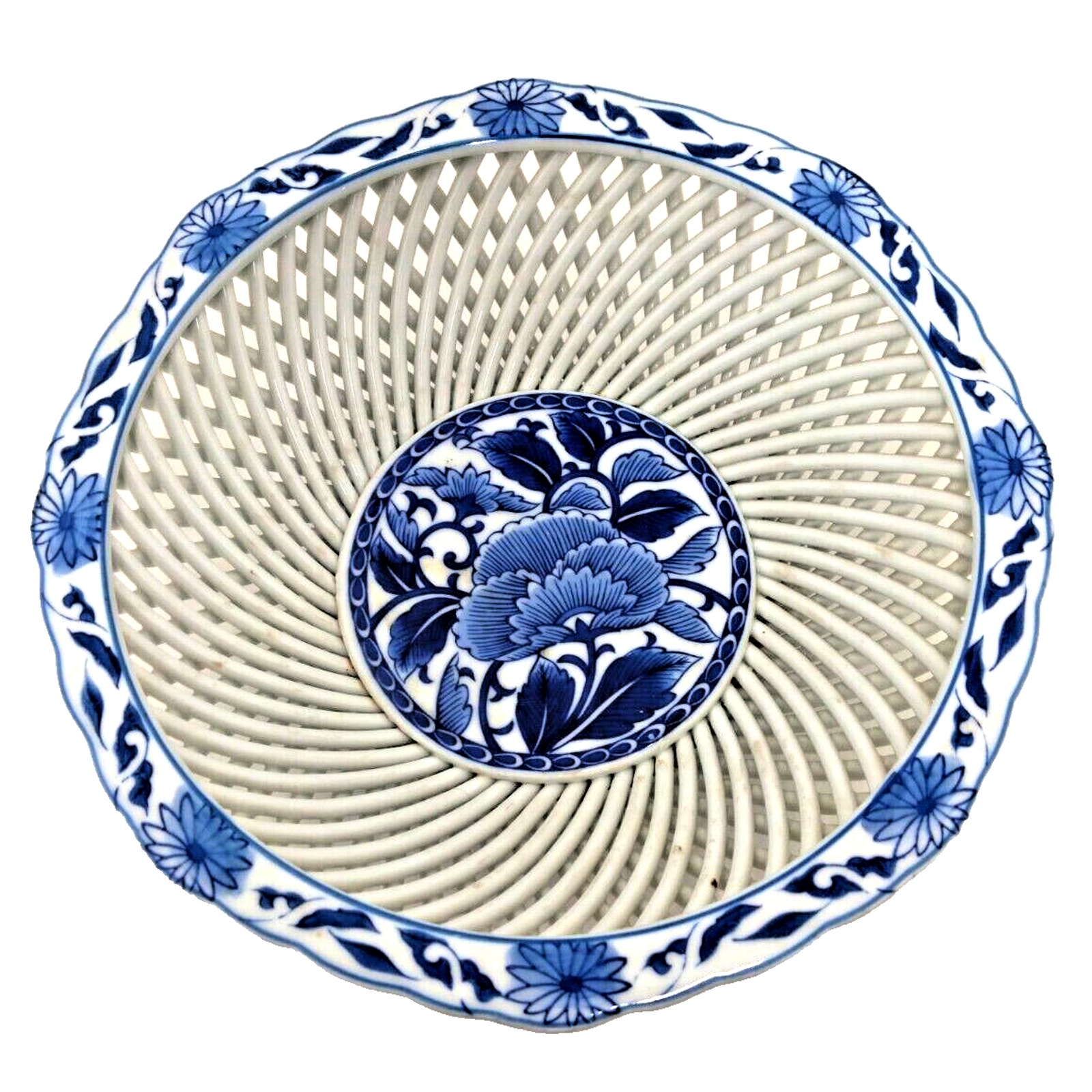 Japanese Kinpo Hasami Lattice Woven Porcelain Footed Bowl Blue White Floral Vtg