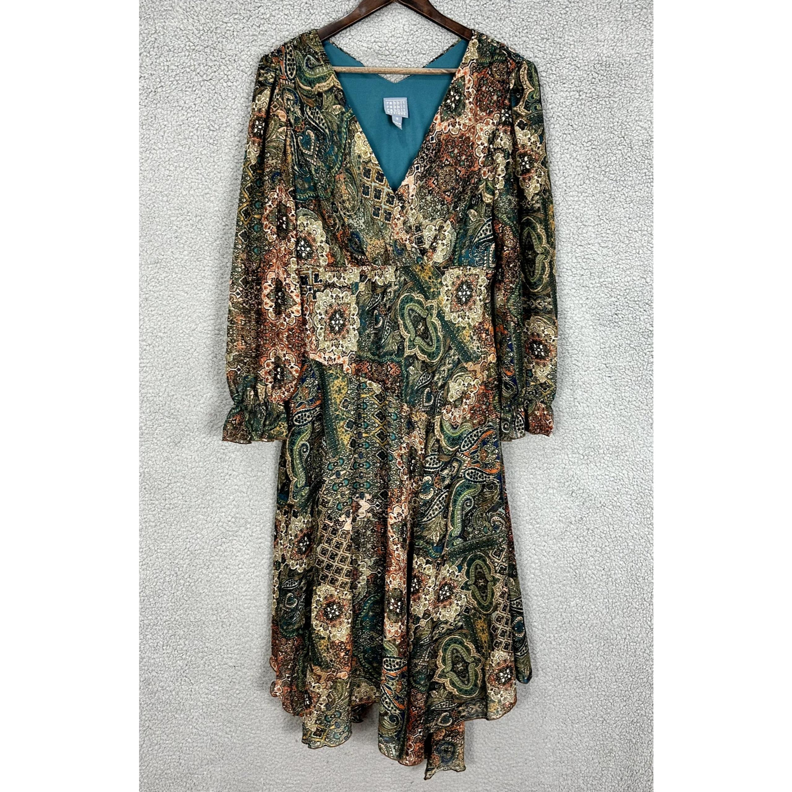Rabbit Babydoll Midi Dress Womens 16 Green Chiffon Y2K Fairy Boho Earthy Goblin