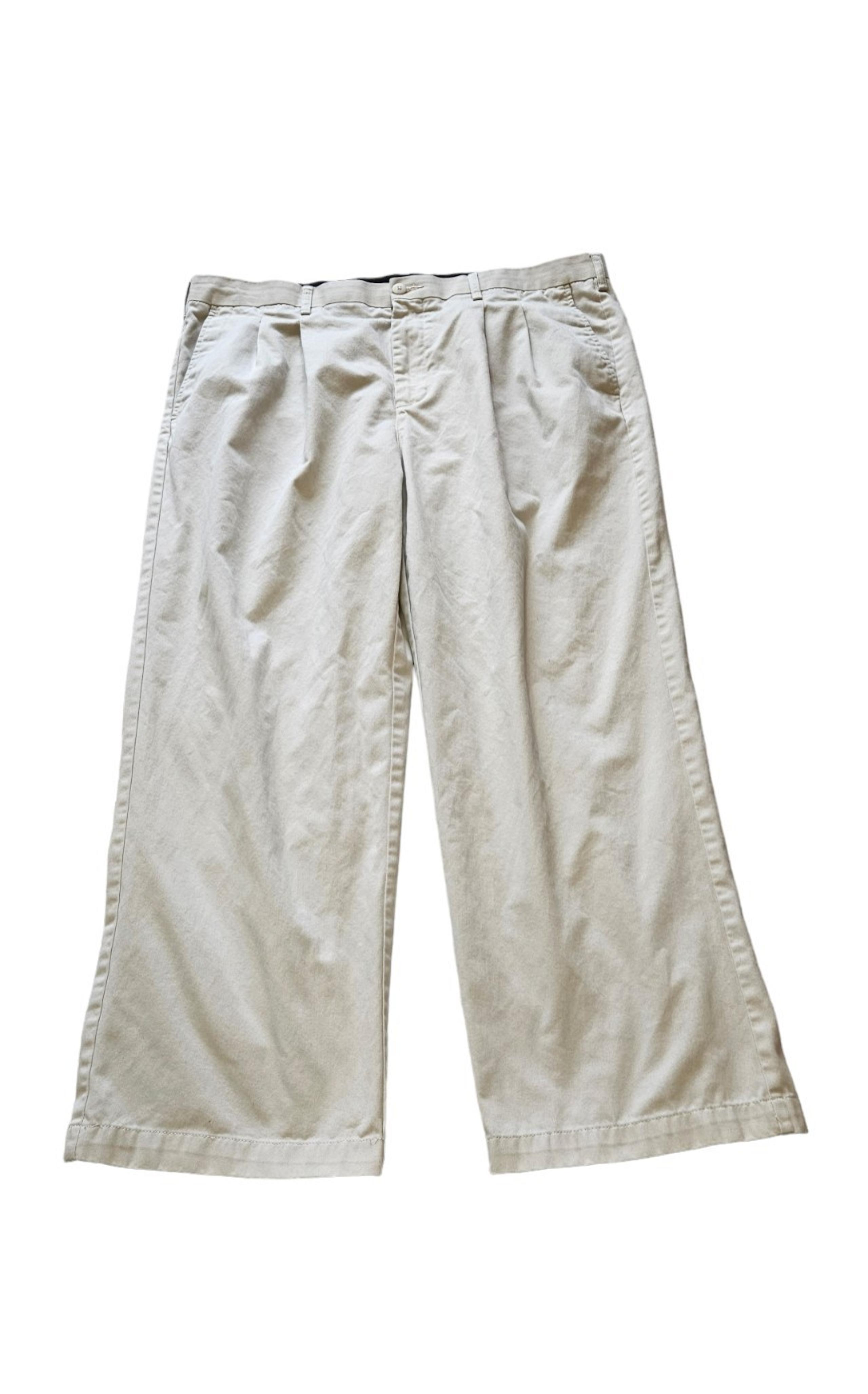 Kirkland Signature 44x32 men's khaki dress pants, two buttons, and clip-on waist