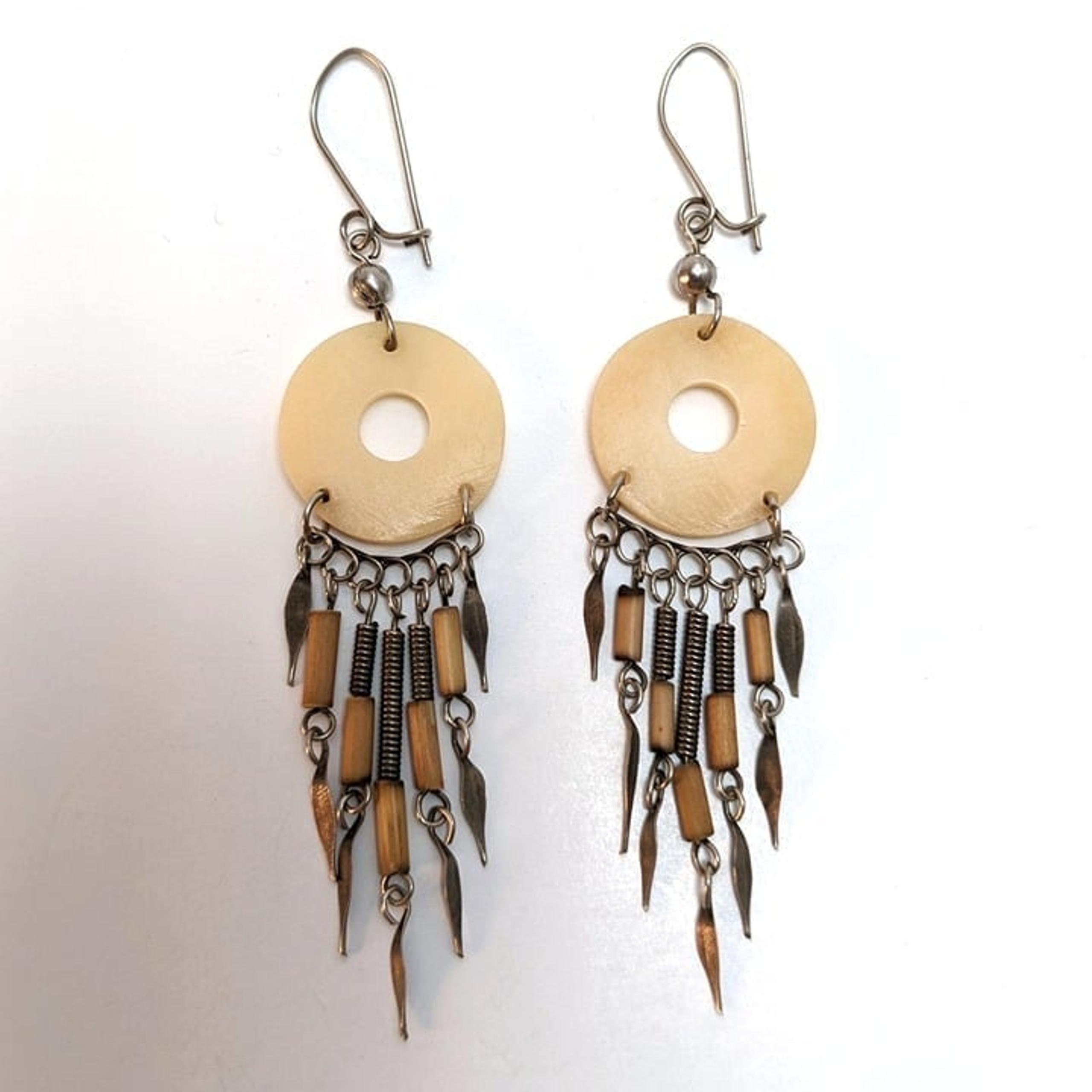 Vintage 70s Hand Crafted Bone Wood Metal Dangle Drop Earrings Tribal Boho Rustic