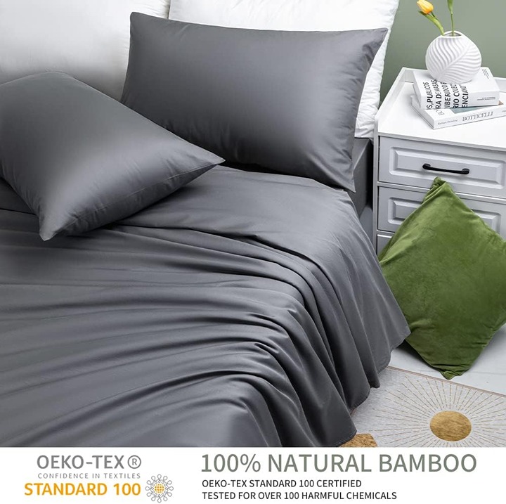 100% Cooling Bamboo_ Sheets Queen Set,Dark Grey -kbbx7
