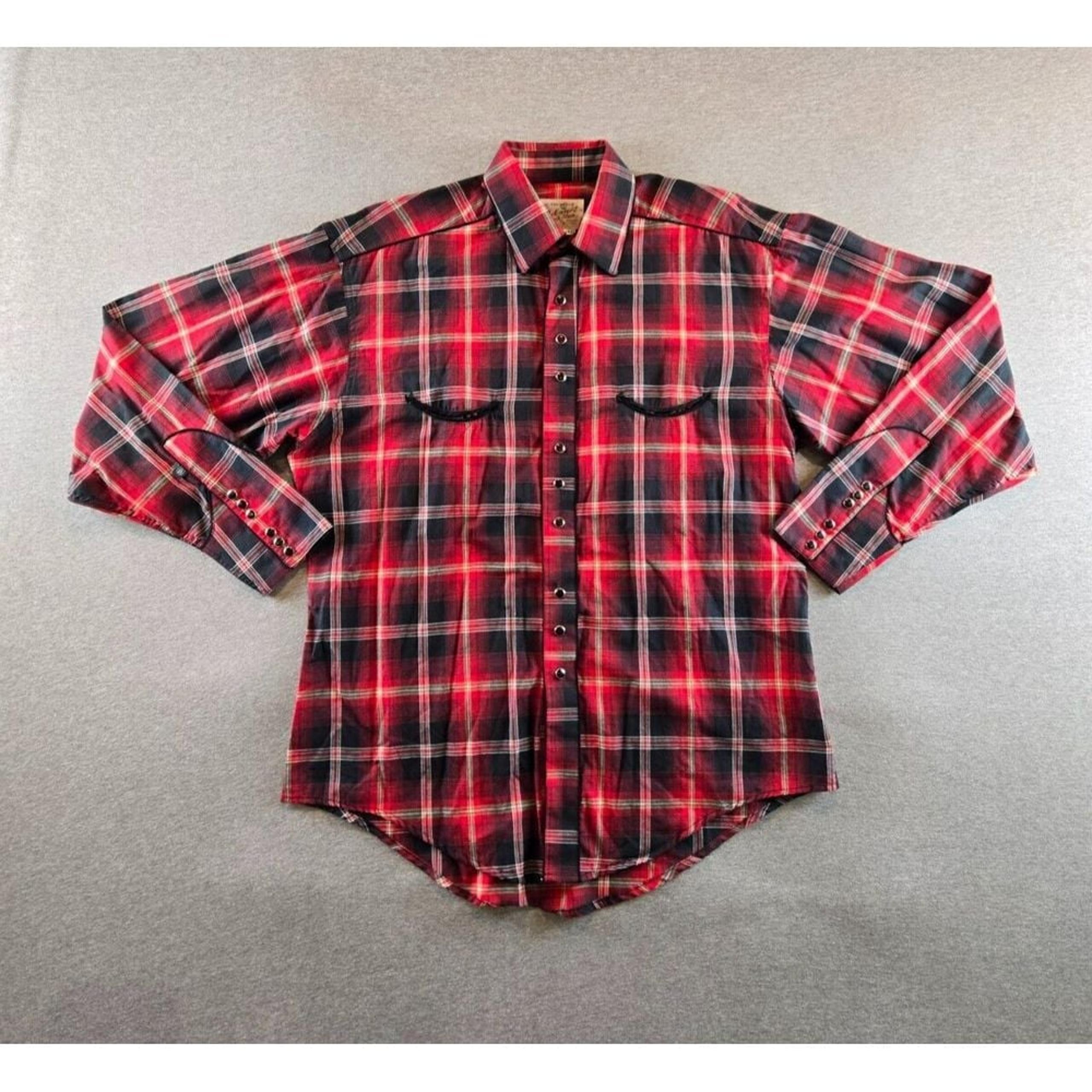 Rockmount Ranch Wear Flannel Shirt Men's M Red Black Diamond Pearl Snap USA VTG
