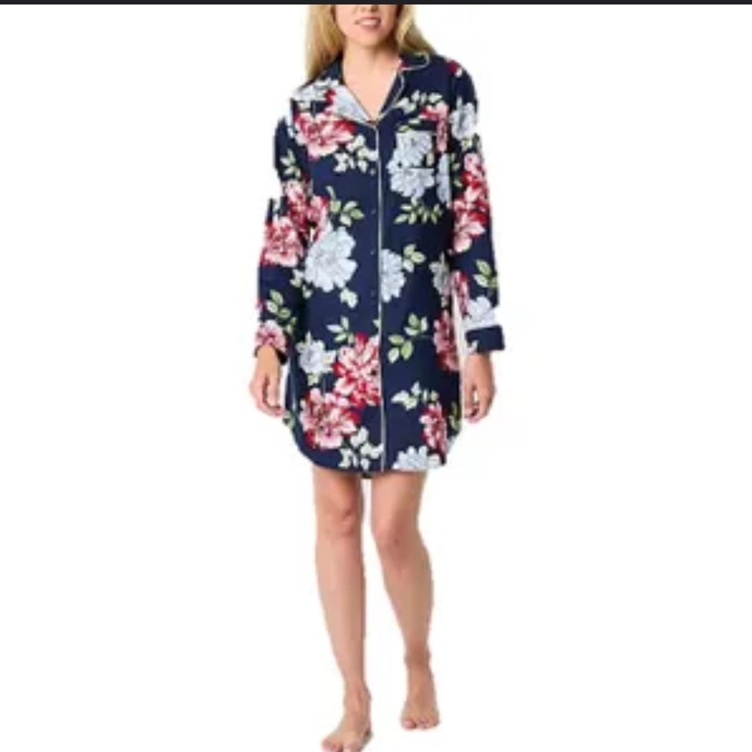 Liz Claiborne Floral Print Sleep Shirt Nightgown Pajama Top Navy Small