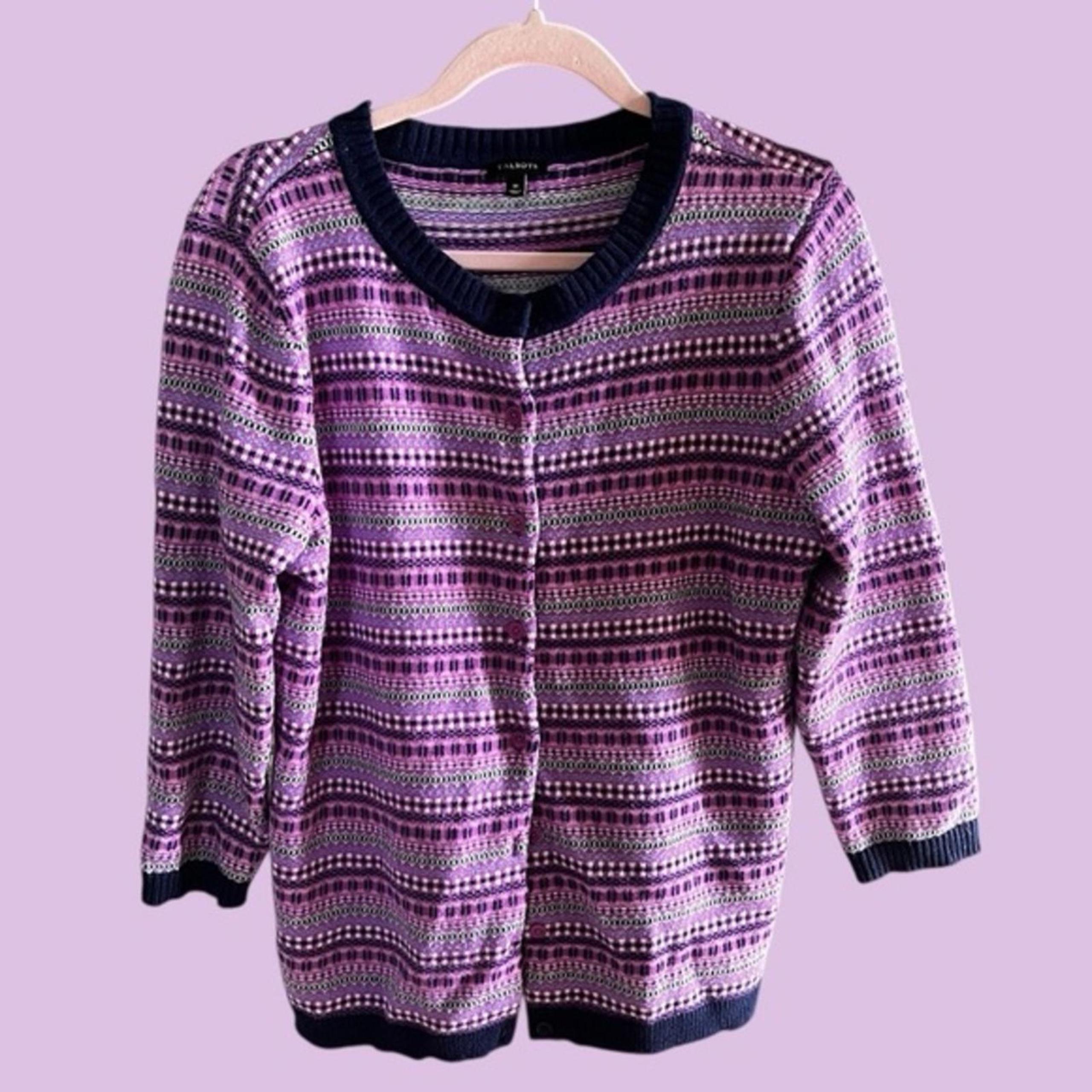 Talbots Fair Isle Cardigan Sweater Orchid Purple Wool Blend Nordic