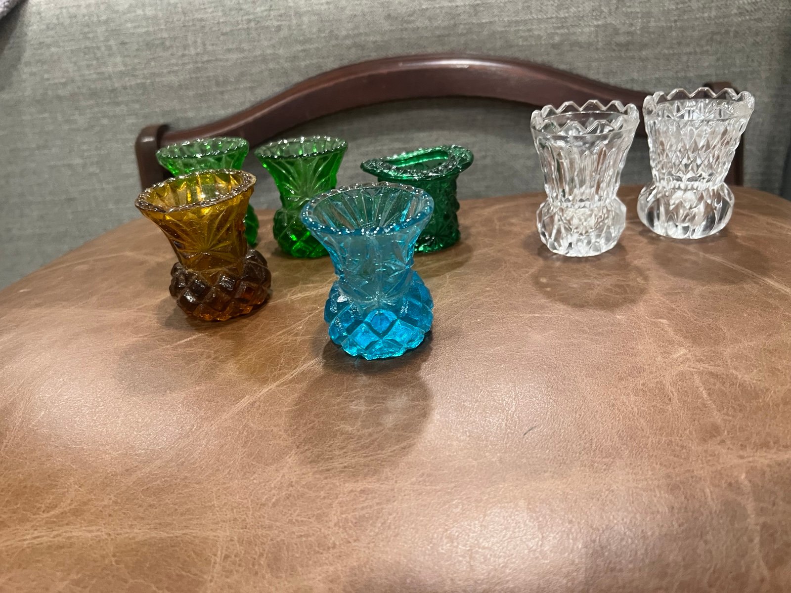 Lot of 7 Vintage glass toothpick holders/ Shots ,Depression, Colored,Art