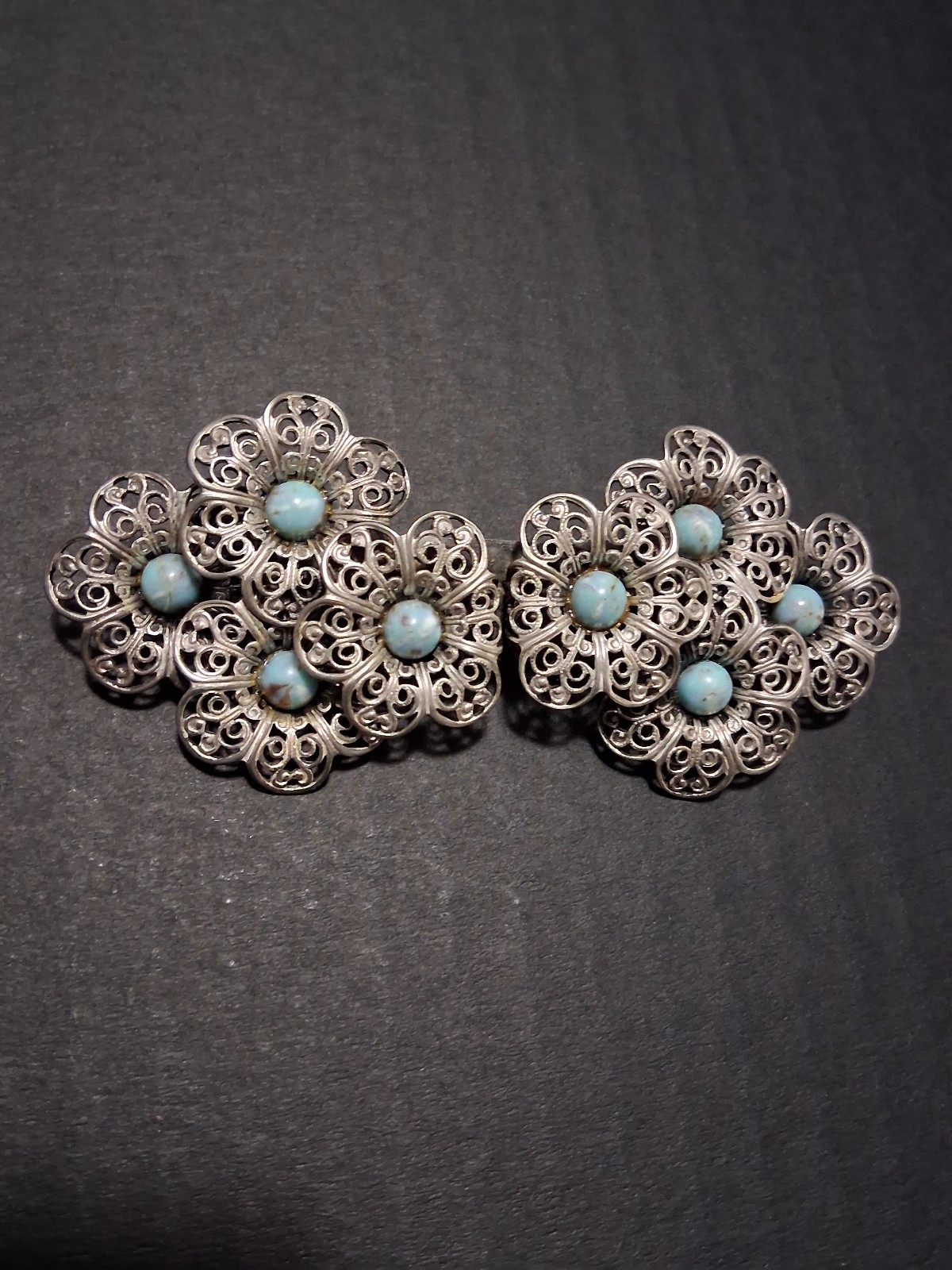 Vintage sterling silver filigree large turquoise hair clip