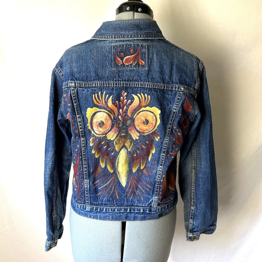 Art To Wear Hand Painted Jean Jacket Stylized Owl Lucky Brand M