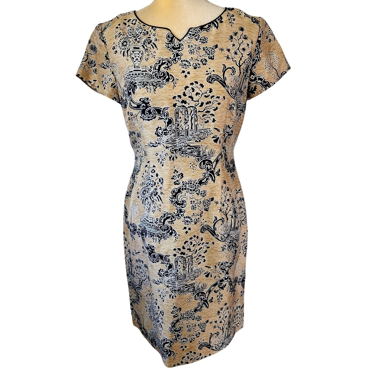 Talbots Petite Pure Silk Asian Beige Black Short Sleeve Knee Length Dress Size 6