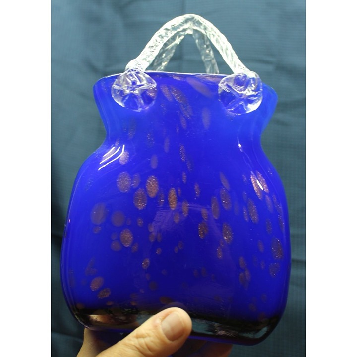 Hand Blown Murano Style Italian Art Glass Cobalt Blue and Gold Art Glass Purse V