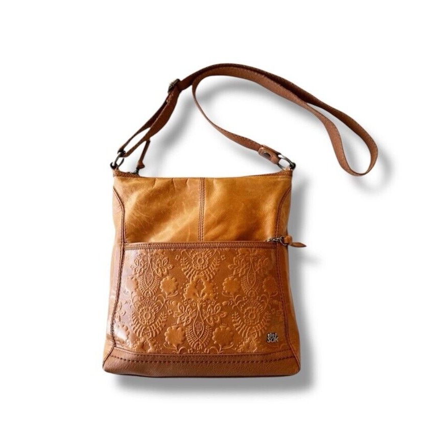 The Sak Iris Crossbody British Tan Floral Tooled Leather Boho Festival Bag Purse