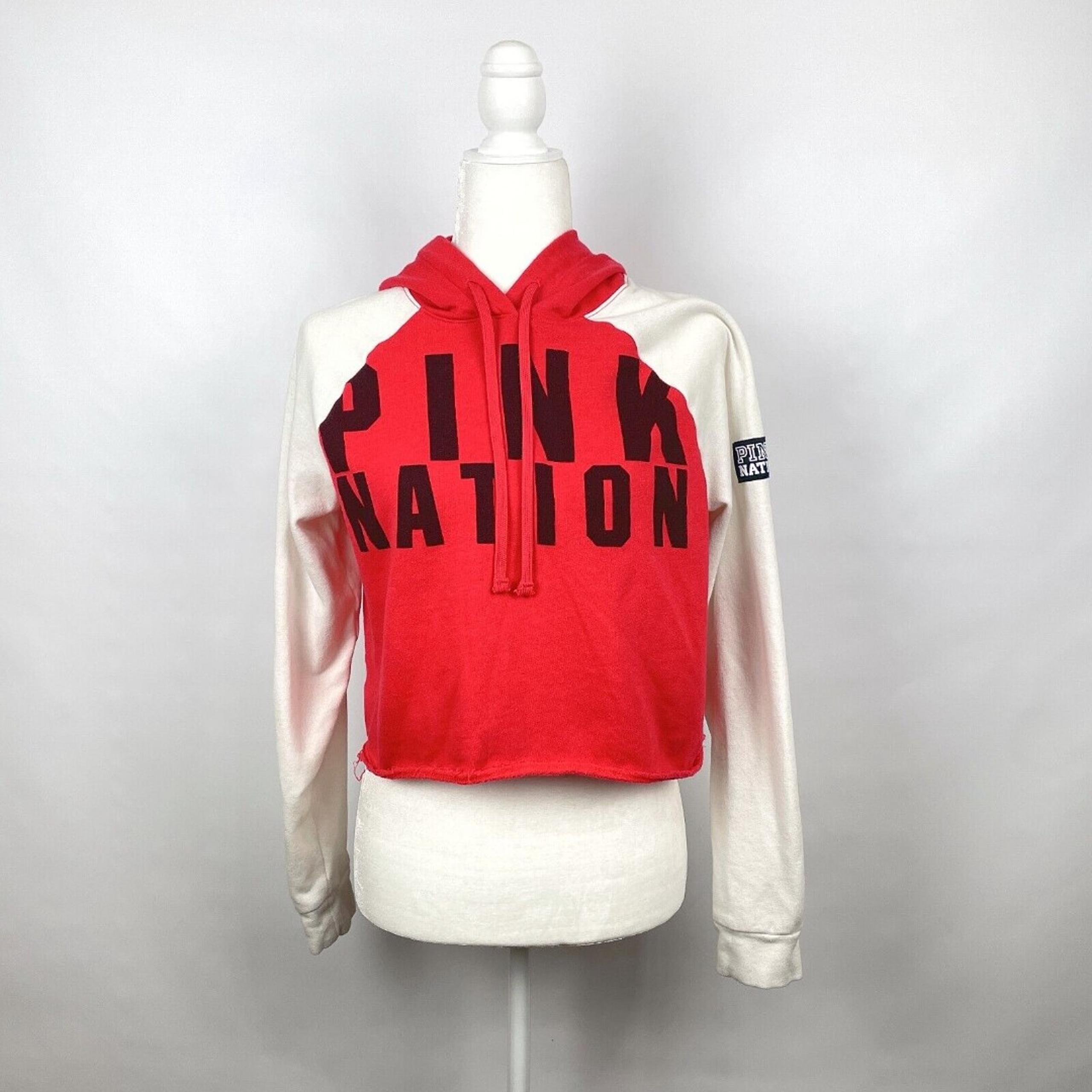 Women's S Pink Nation Spell Out Red White Fleece Crop Hoodie - Victoria's Secret