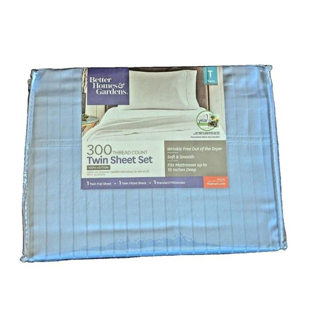 Blue Water Damask Twin Bedding Sheet Set 300 Thread Count Blue Stripe 3-Piece
