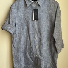 NWT Lafayette 148 100% Linen Theo Blouse Indig Multi button down roll tab cuff 4