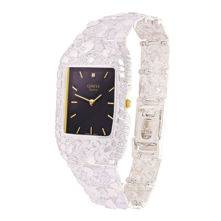 Mens Wrist Watch 925 Sterling Silver with Diamonds Geneve Watch 7-7.5 44 grams