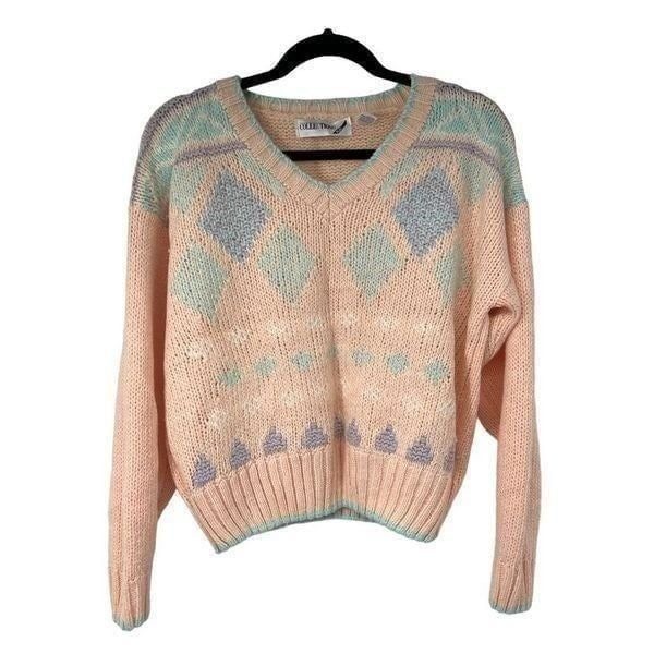 Vintage Pink Turquoise Geometric V Neck Sweater