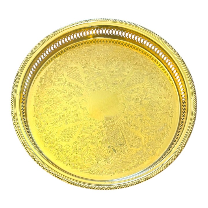 Vintage Ornate Gold-Plated Brass Round Tray 13 Serving Platter W Filigree Sides