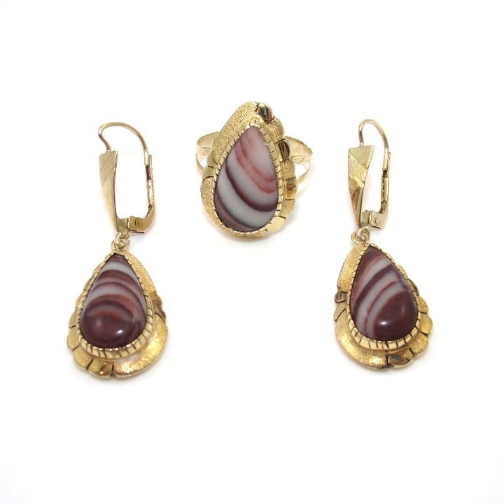 VTG 14K JASPER RING EARRING SET 6.75