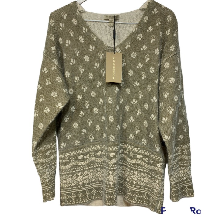 NWT Burberry Women's Taupe Green Ochre V-Neck Alpaca Wool Sweater Small