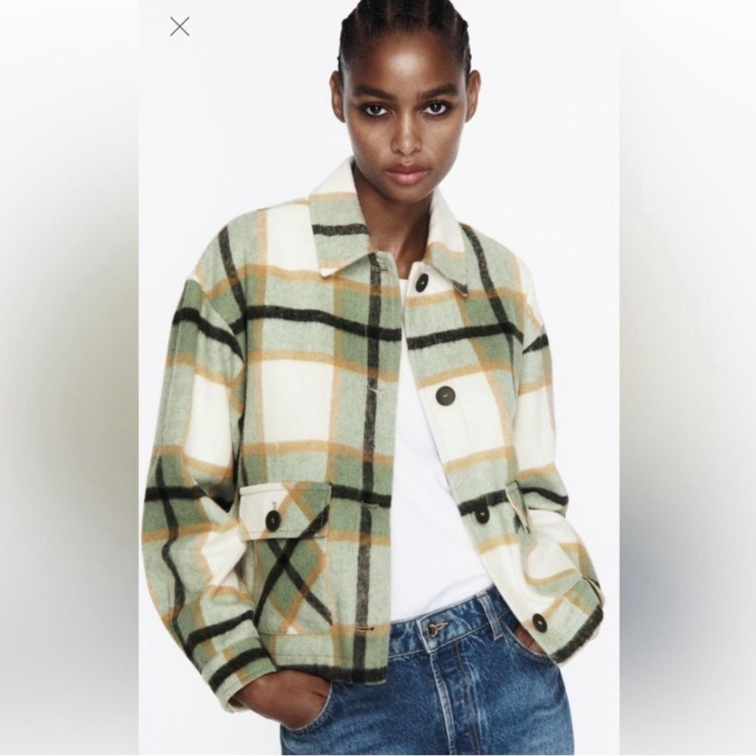 Zara Patch Pocket Plaid Overshirt Green & Cream Jacket Shacket