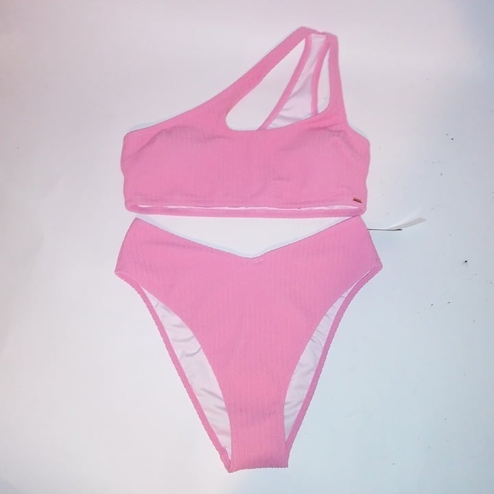 Victoria Secret Swim Bikini Large Top Medium Bottom Pink Smocked Ribbed One Shou