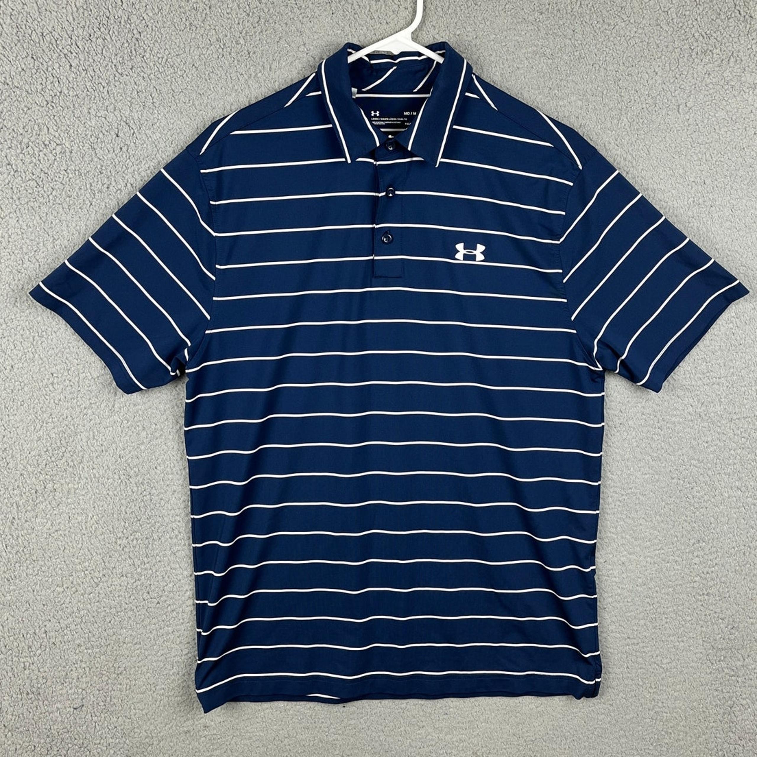 Under Armour UA Men's Medium Loose Fit Heat Gear Athletic Polo Navy Stripe