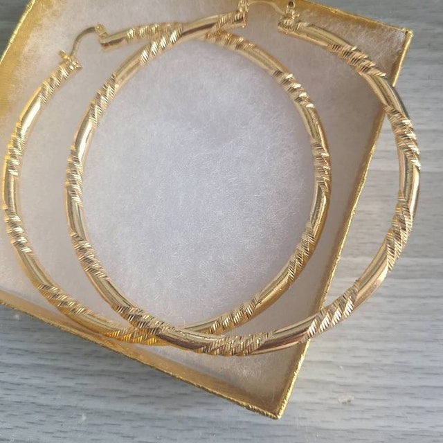 14K Yellow Gold Diamond Cut Hoop Earrings, 50mm x 3mm