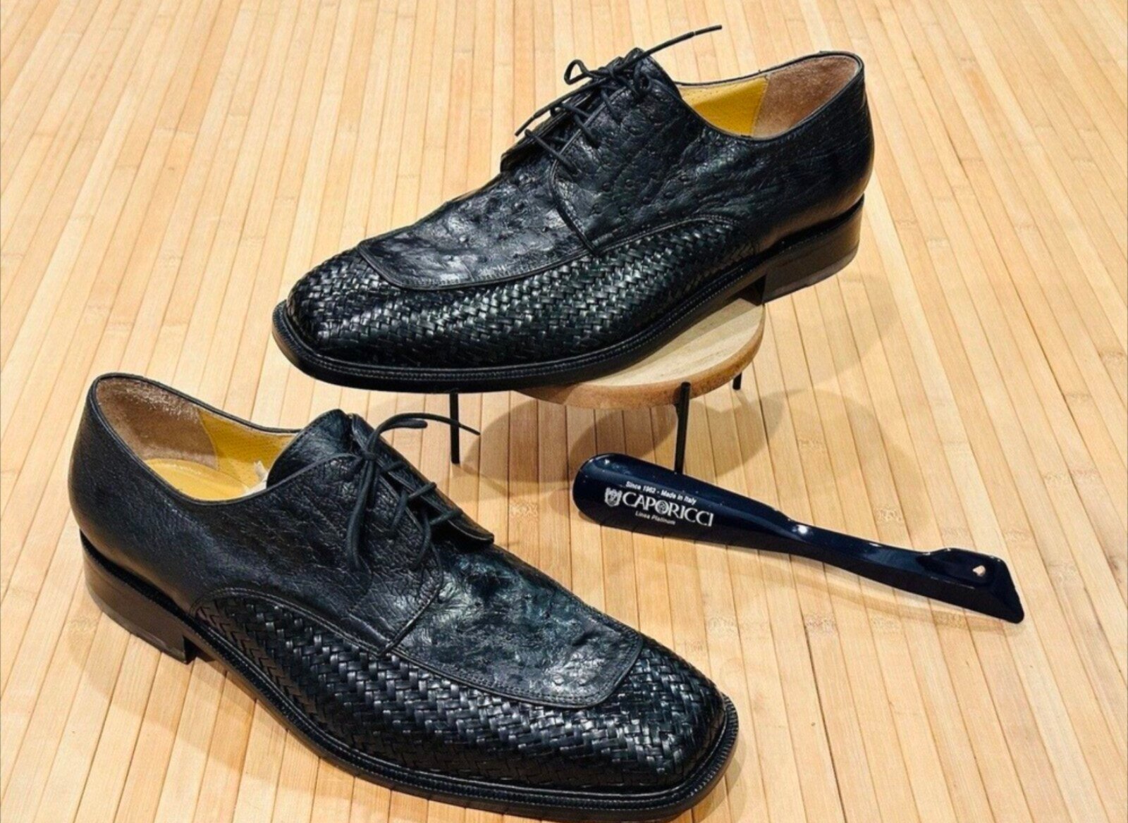 CAPORICCI FULL QUILL OSTRICH & WOVEN CALF SKIN SIZE 14M SHOES