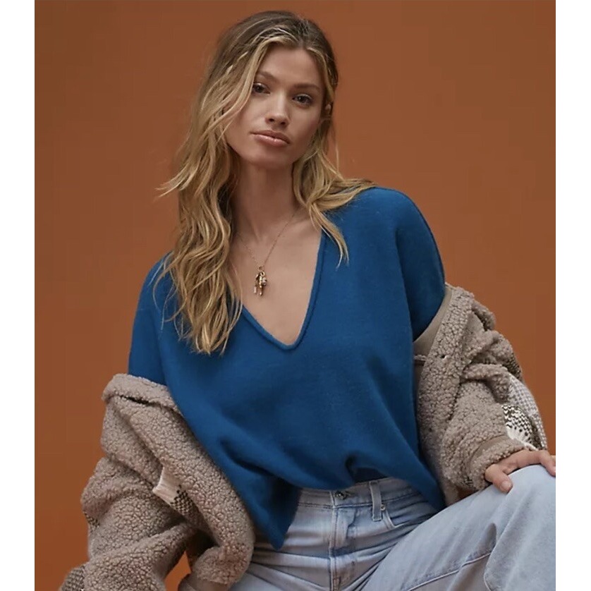 Pilcro Anthropologie 100% Cashmere Valani Sweater XS Blue Boxy Oversized V Neck