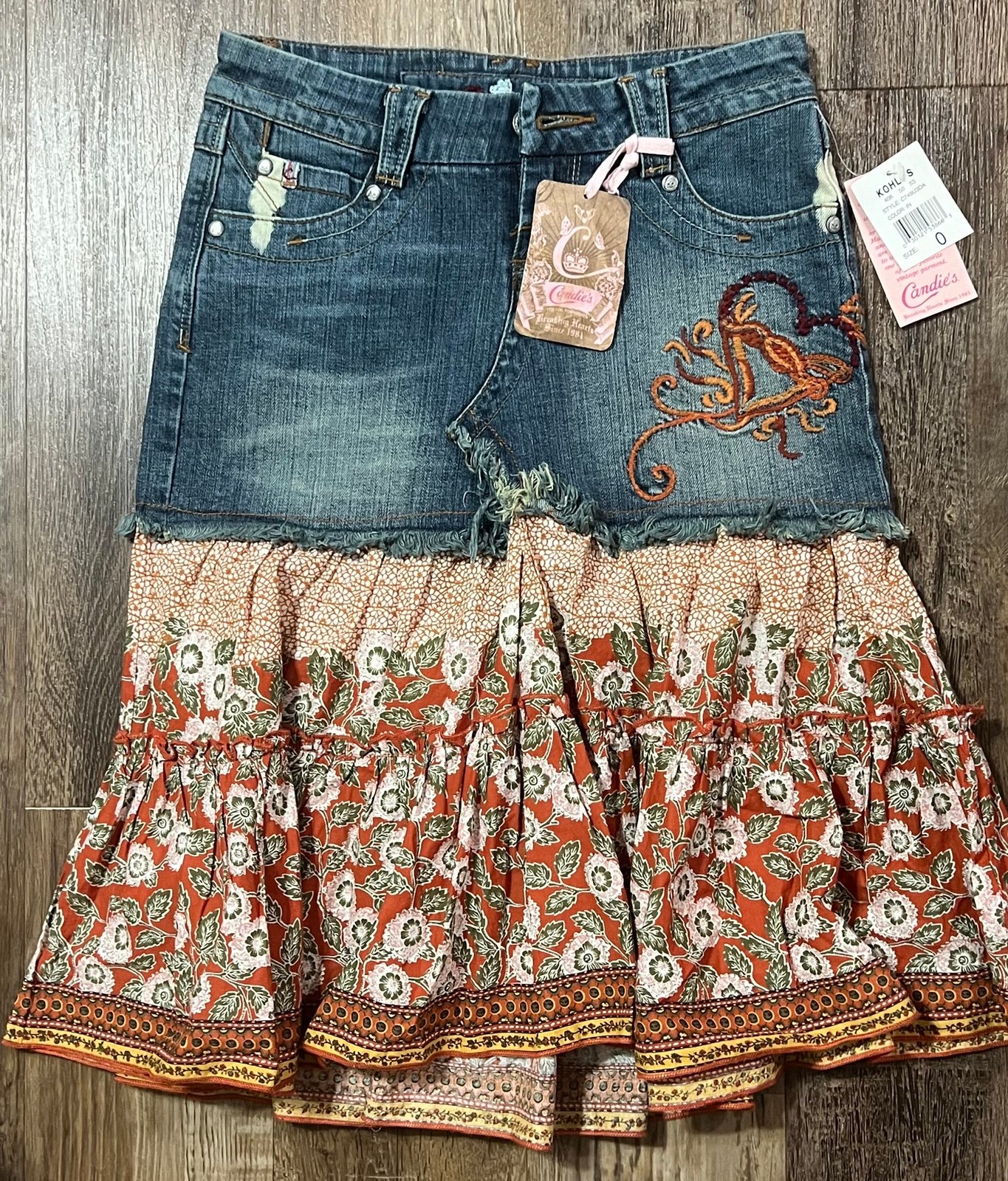 Candies Vintage Boho Jeans Skirt with 2 Tier Ruffles Sz 0 EMBROIDERED NWT 90s