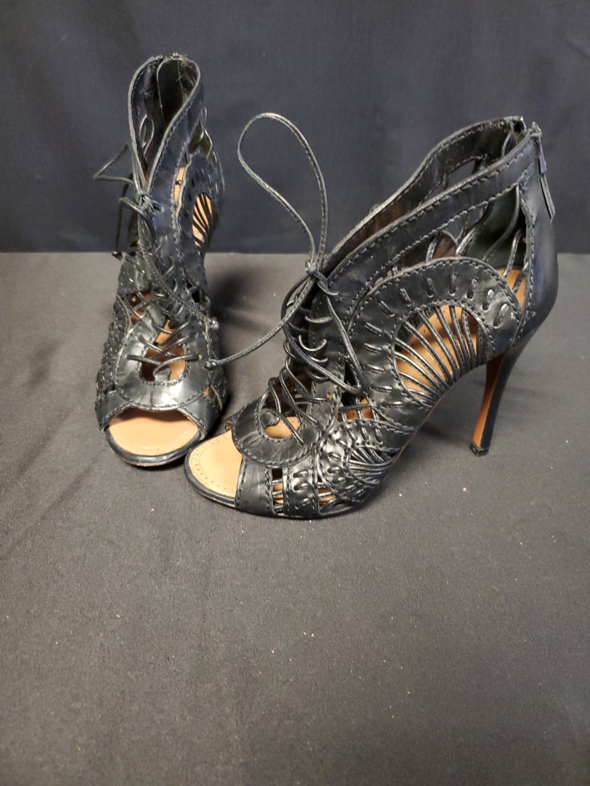 Alaia Paris Designer Laser Cut Stiletto Heel Black Sandals Bootie Shoes Size 6