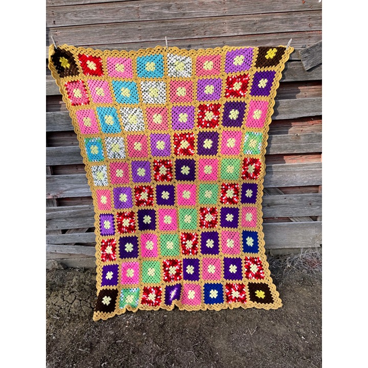 Vintage Colorful Granny Square Crochet Afghan 75x56