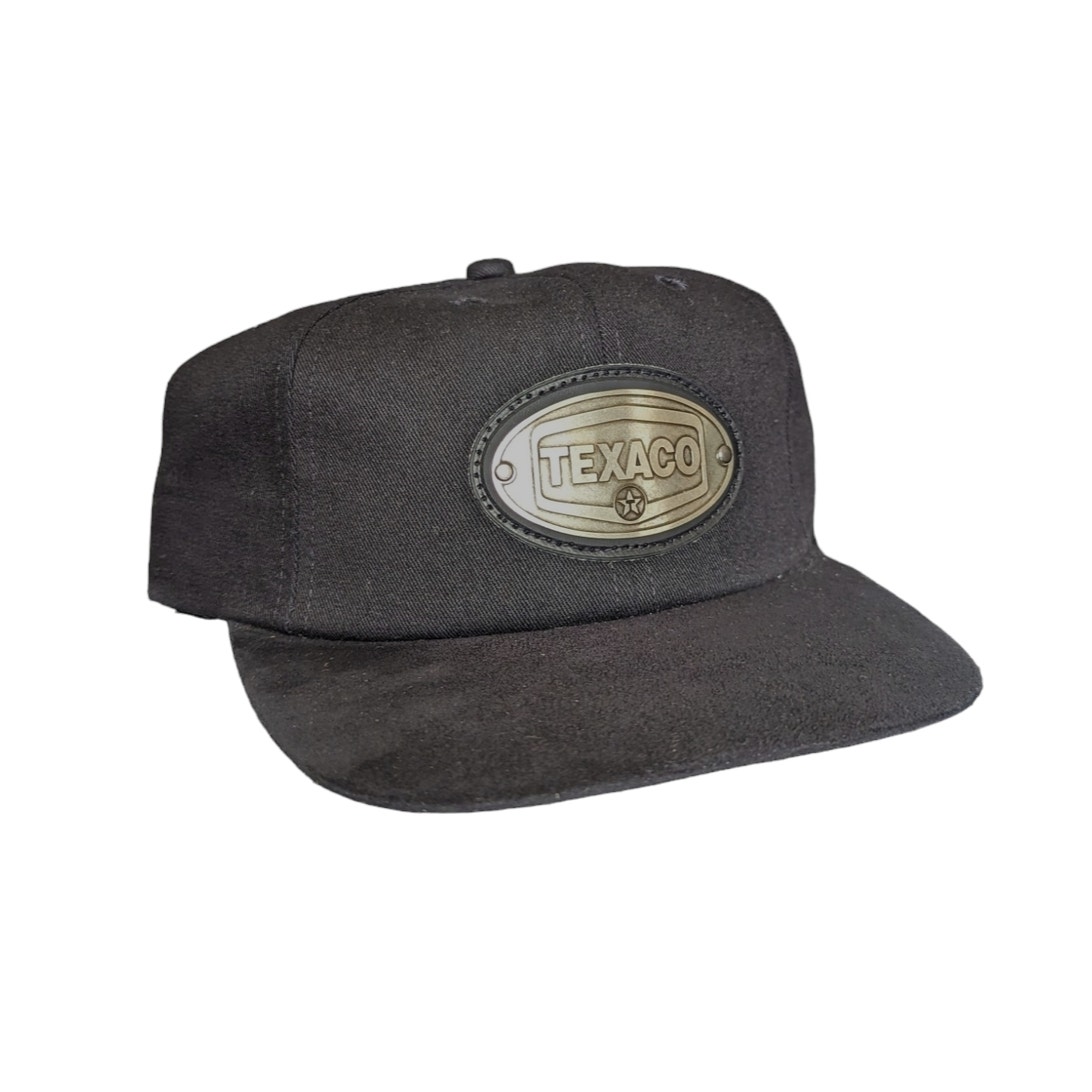 Vintage TEXACO Metal Logo Black Trucker Hat 90s VTG Dad Microfiber Baseball Cap