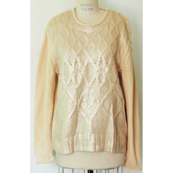 NARCISO RODRIGUEZ PALE GOLD BEIGE METALLIC FOIL THICK LONG SLEEVE SWEATER XL NWT
