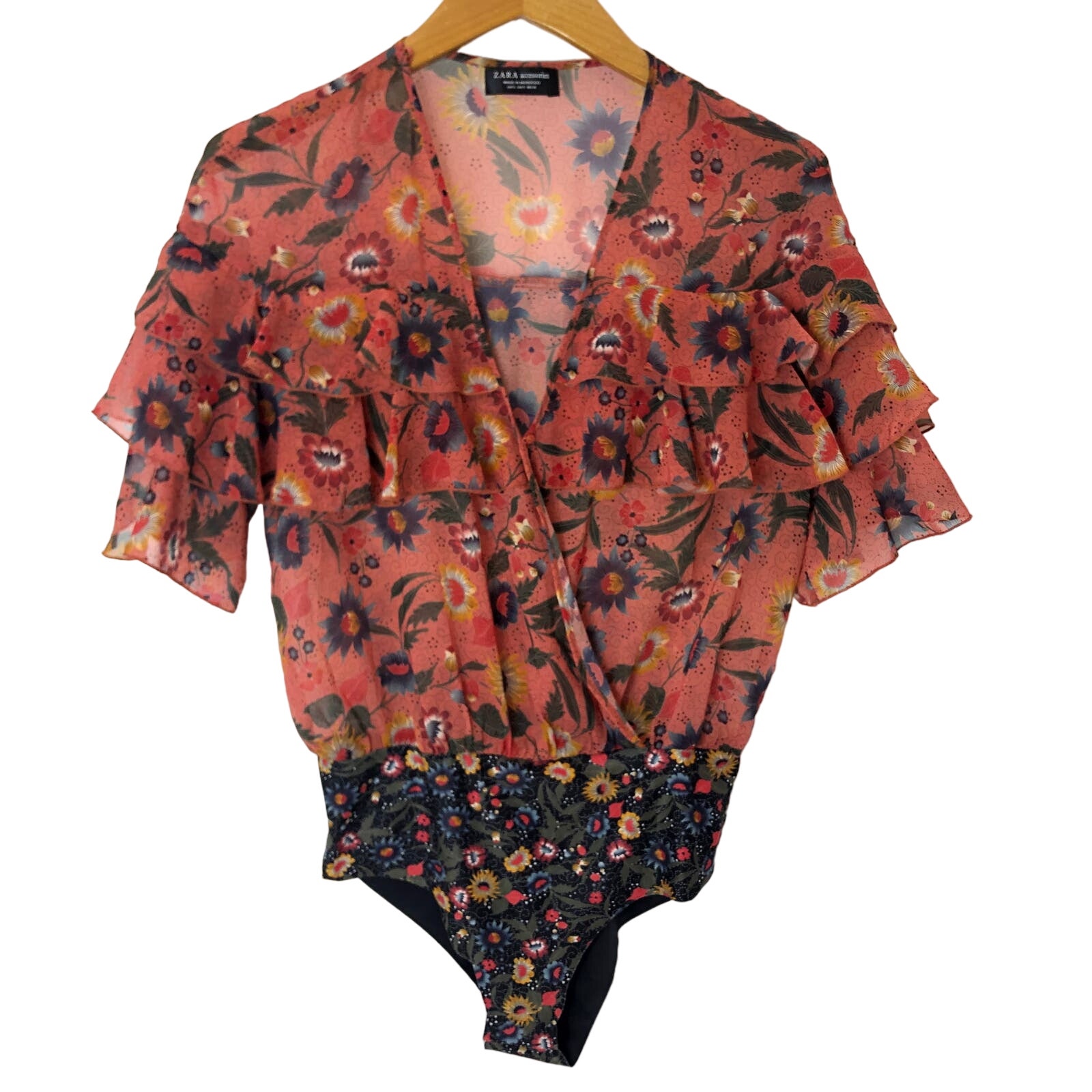 ZARA - Ruffle Floral Print Crossover Blouse Bodysuit - Small