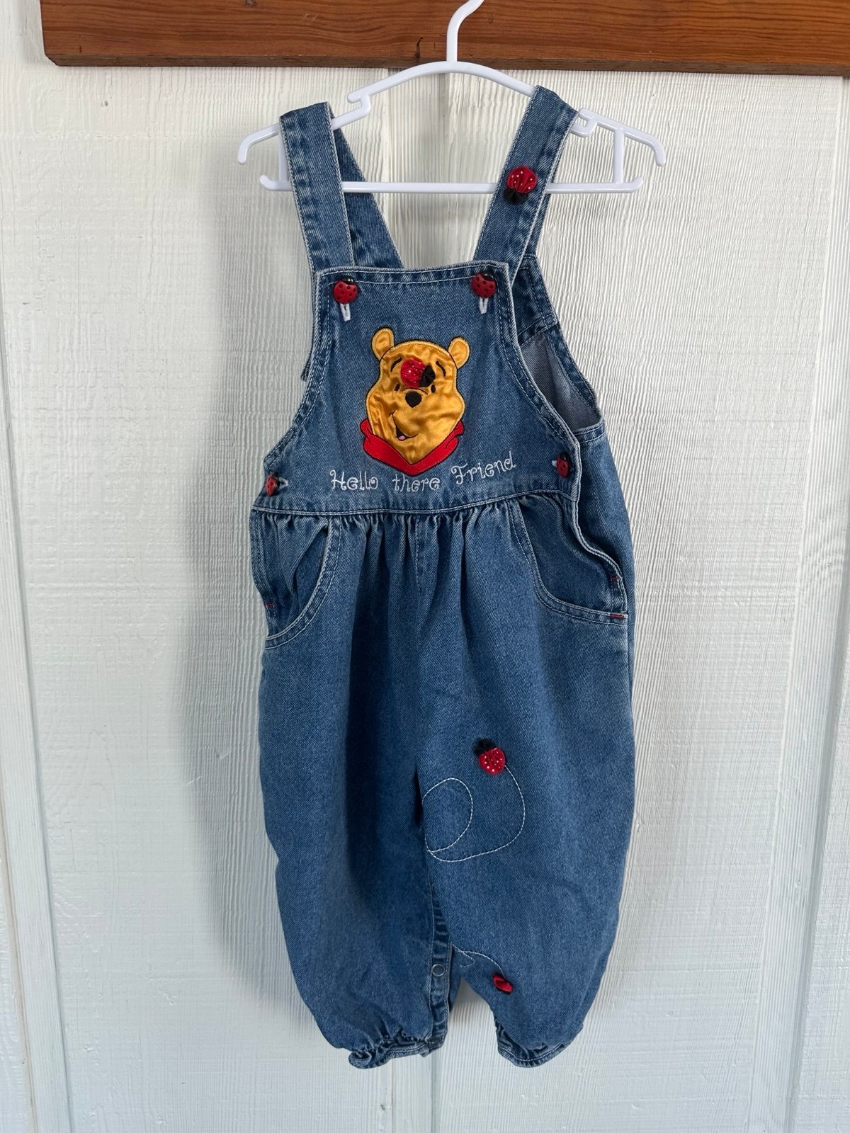 Vintage Pooh Bear Denim Overalls with Embroidered Ladybugs