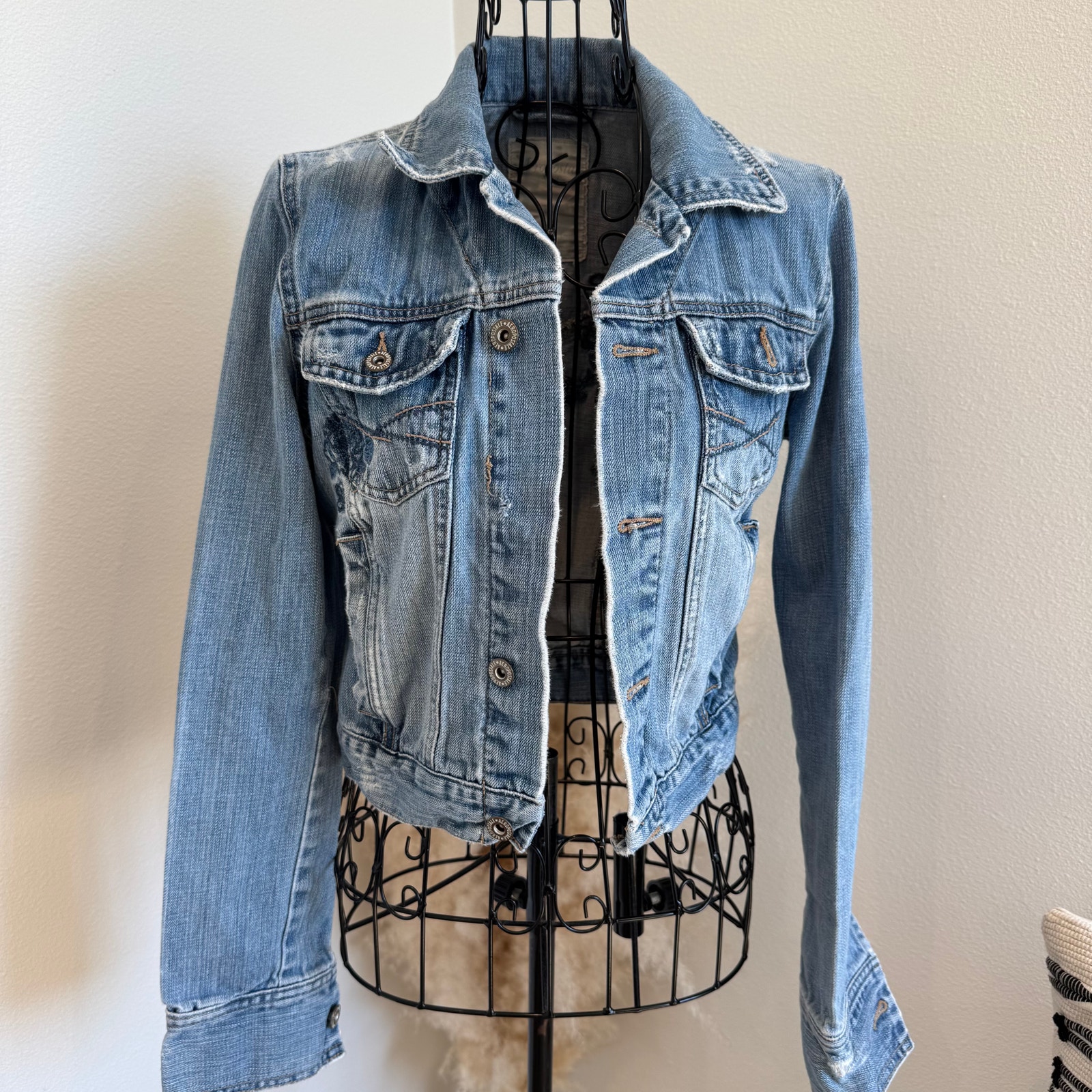 Vintage Aeropostale Light Denim Jean Jacket Embroidered Distressed