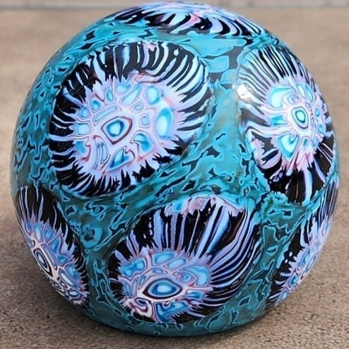 Gorgeous Melting Millefiori Canes Blue-Black Flames Glass Paperweight Etch 101