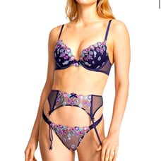 3 PC Dream Angels Bejeweled garter, cheekini panty & shine strap push up bra