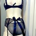 3 PC Dream Angels Bejeweled garter, cheekini panty & shine strap push up bra