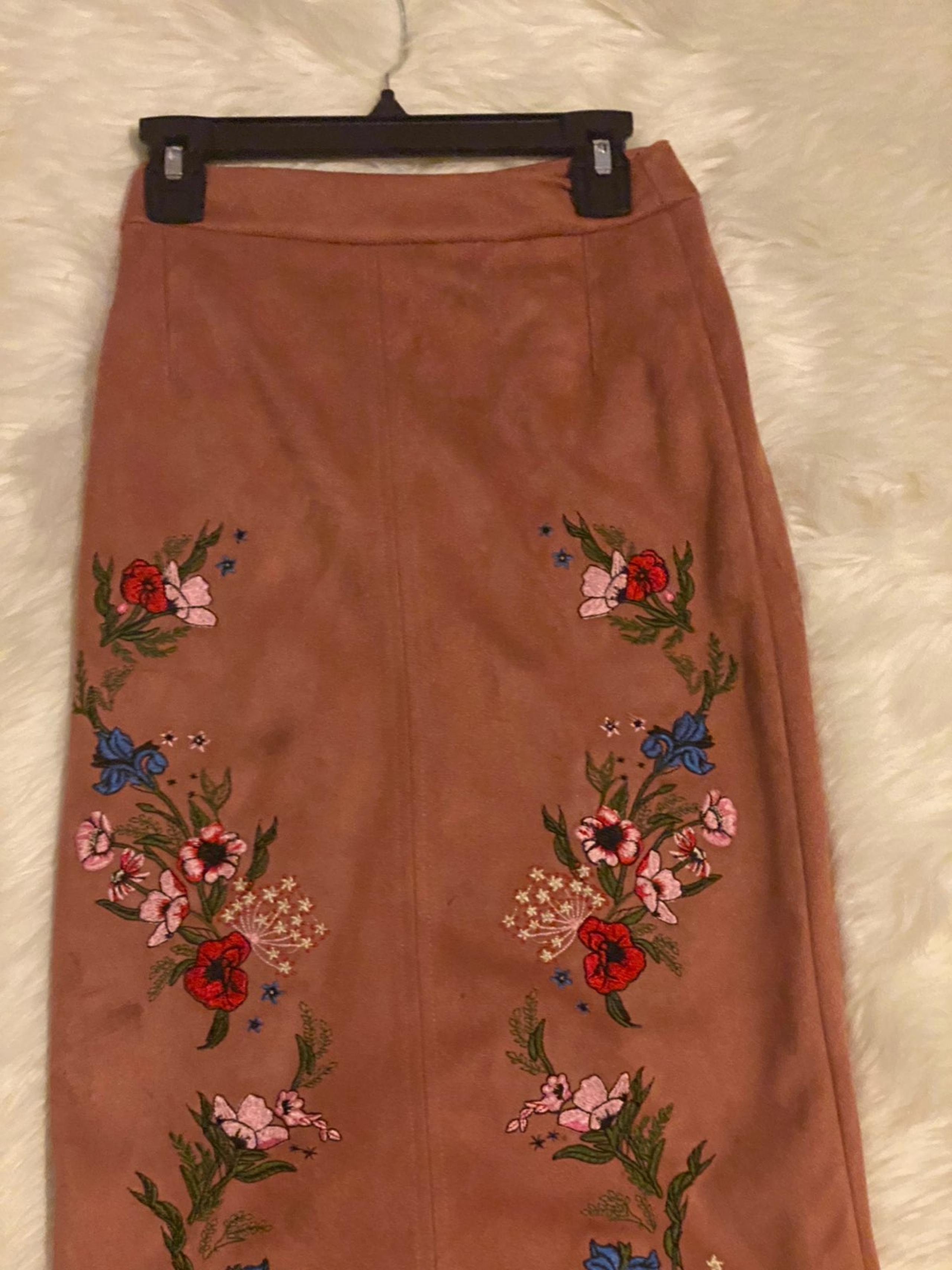 Pink suede floral midi skirt RiverIsland