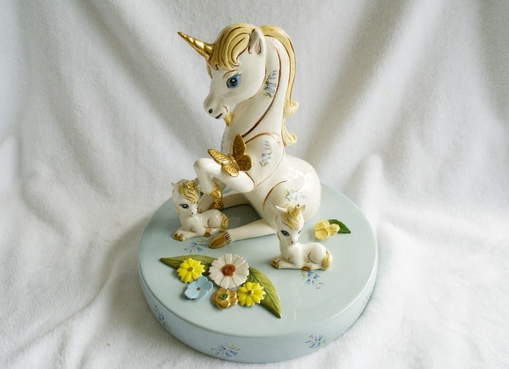 Vintage Unicorn with Unicorn Babies Porcelain Figurine Signed by Edith, 11''