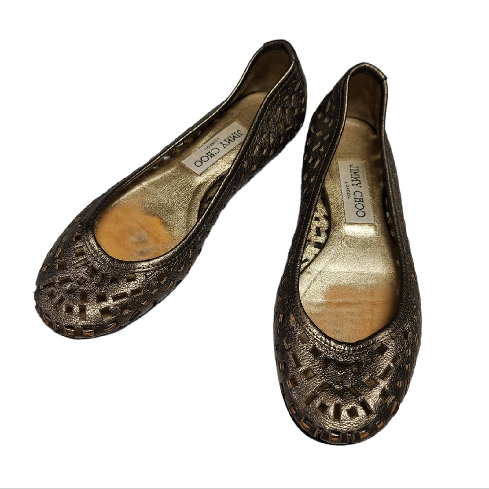 Jimmy Choo Classic Ballet Flats Round Toe Laser Cut Leather Pewter Size 6.5