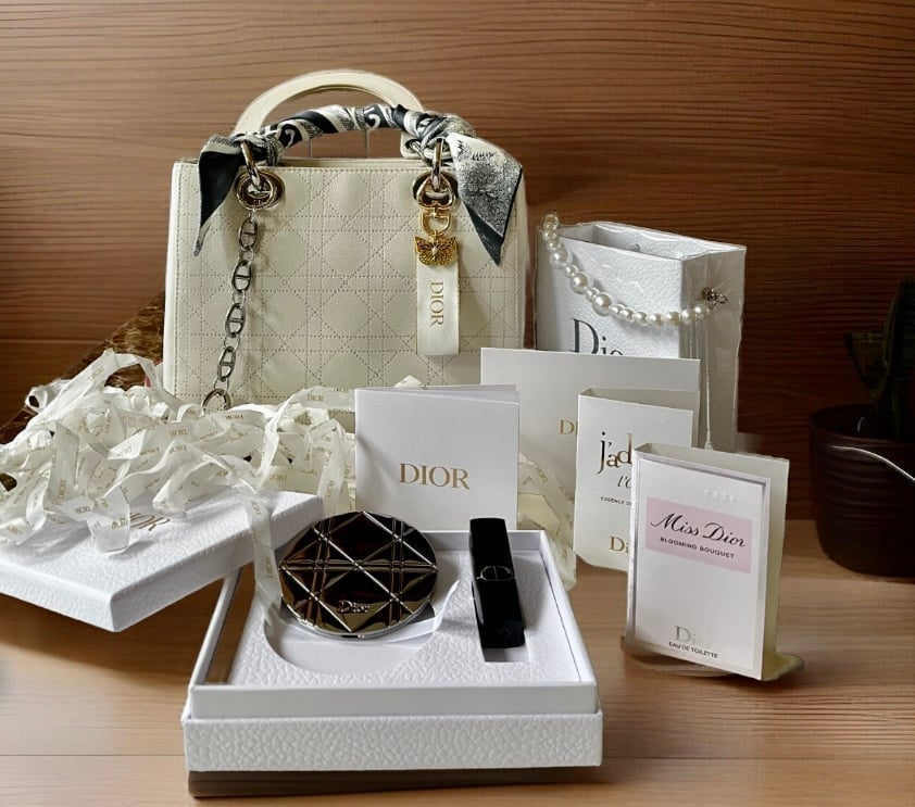 DIOR Beauty Bundle Silver Pocket Mirror, Rouge Dior Lipstick, Perfume Samples..