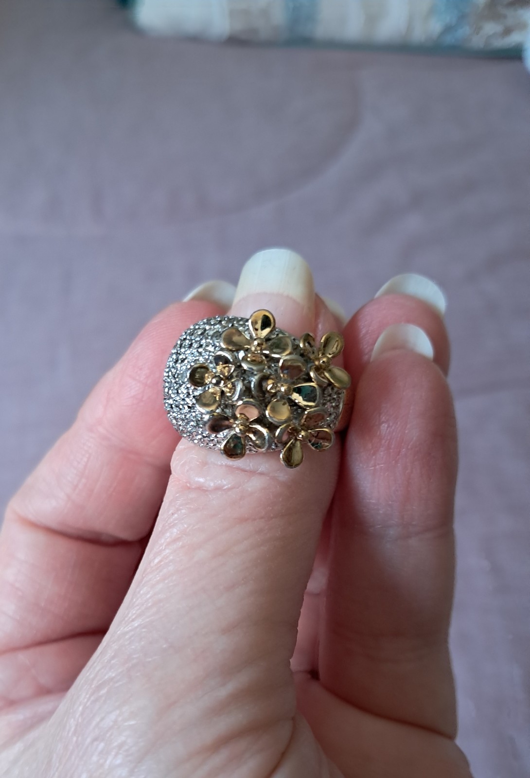 Vintage Sterling Silver Vermeil 1960s Style Floral Dome Cocktail Ring Size 7
