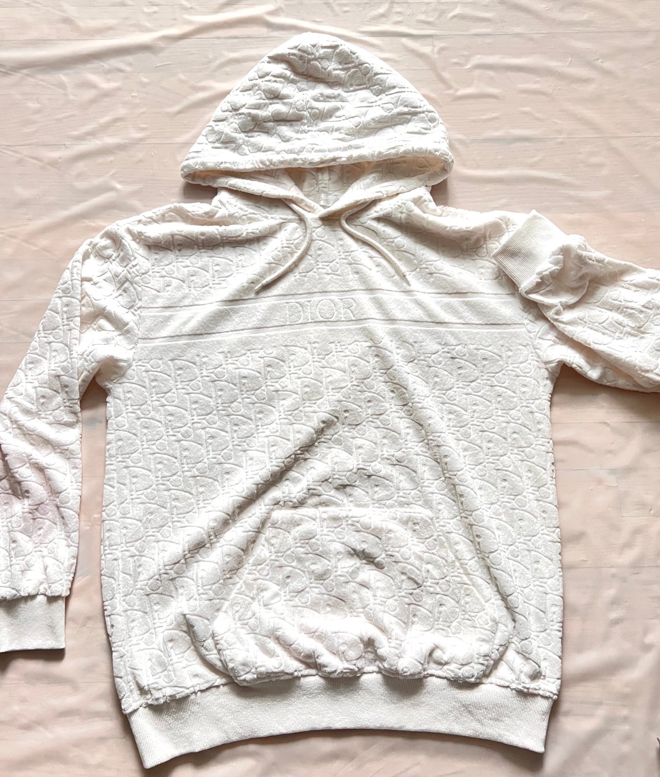 White Towel Hoodie Terry Cotton Jacquard With Motif wz pockets n drawstrings