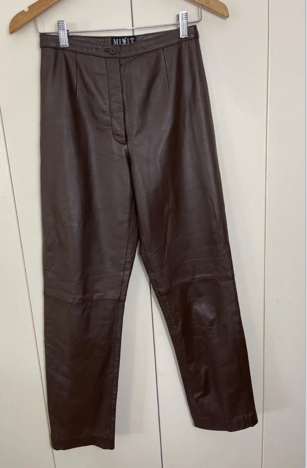 MixIt Women’s Genuine Leather Pants Lined Mid-Rise Straight Leg Size 4P Brown