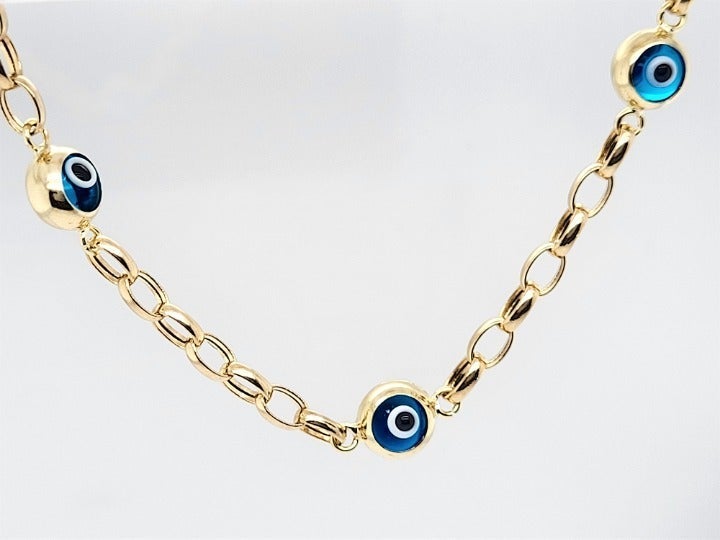 14k Yellow Real Gold Trendy Handmade Evil Eye Charm Bracelet. ForGood Luck. Gift