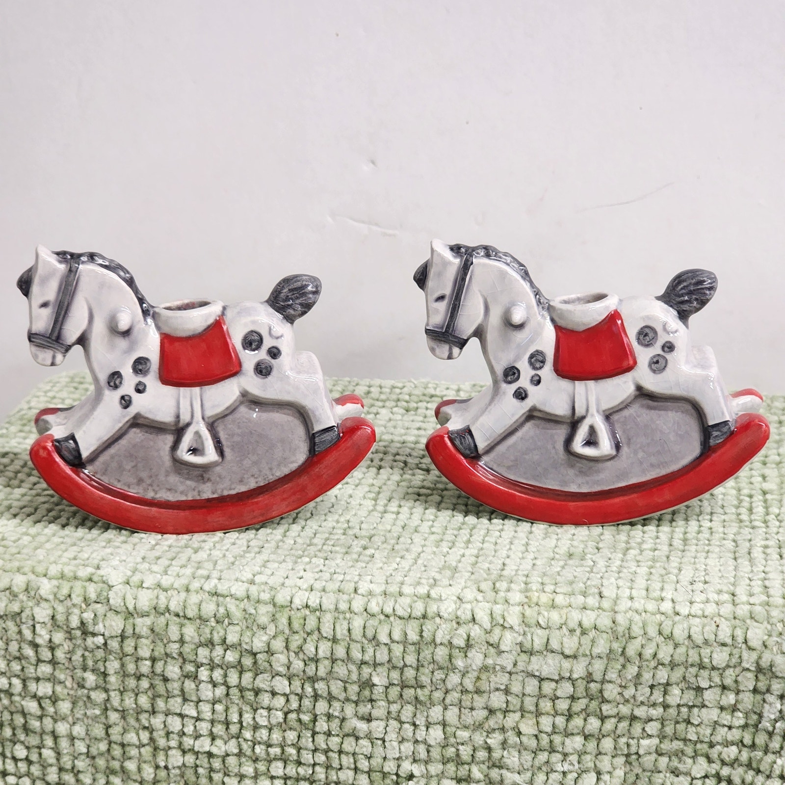 VTG 1975 Goebel W Germany Rocking Horse Candle Holders Pair Red Gray