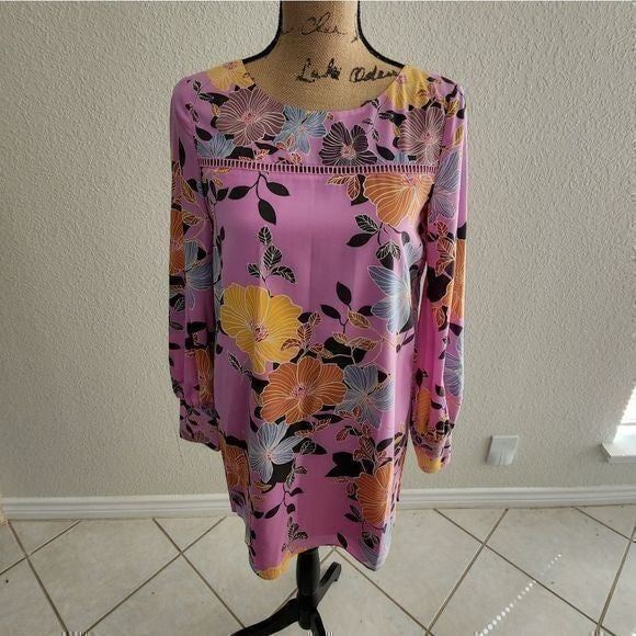 FRENCH connection pink floral pleated back lantern sleeve babydoll dress size 0
