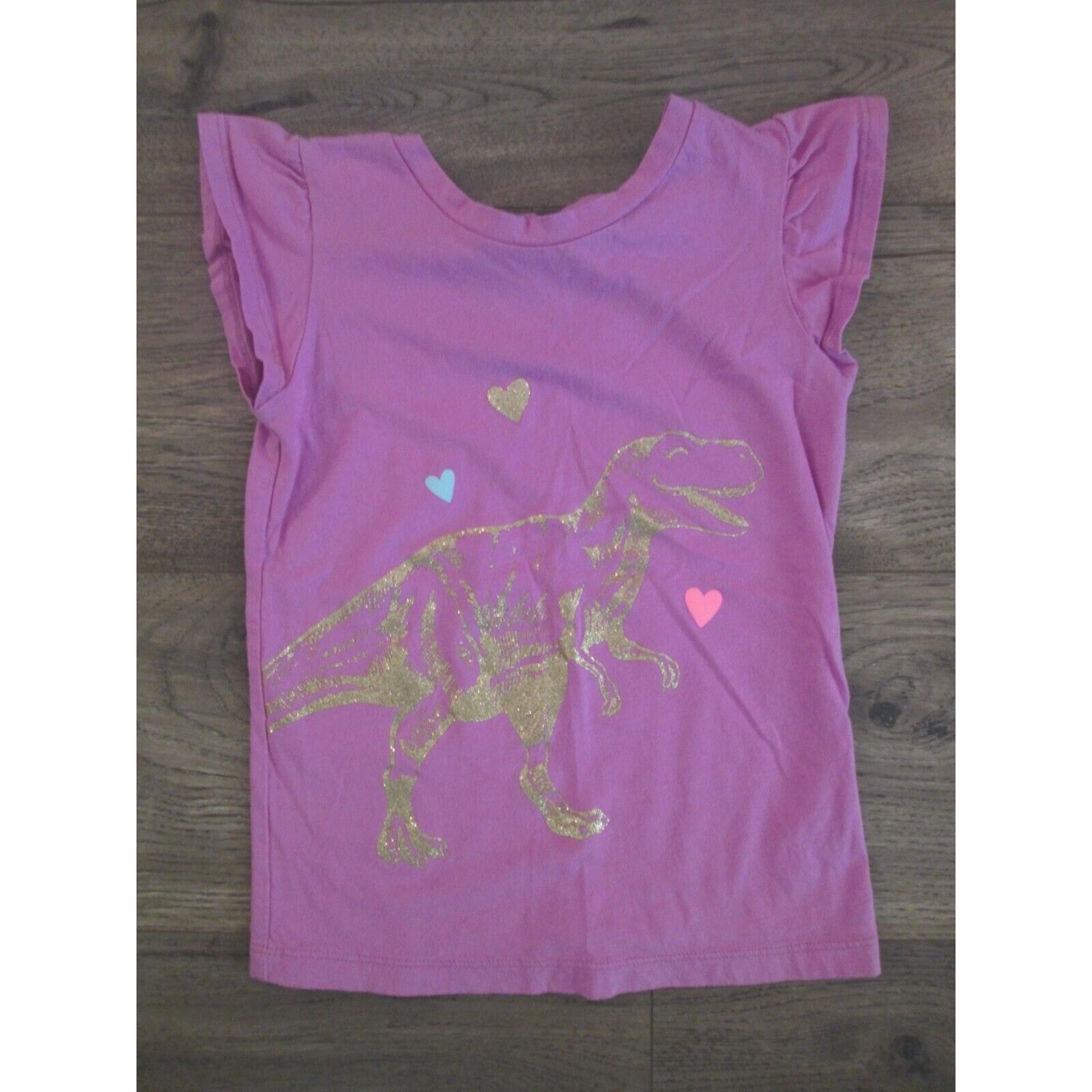 Purple Dinosaur T-Shirt Girls Kids Size 7 Top Cap Sleeve Gold Glitter Tee Hearts